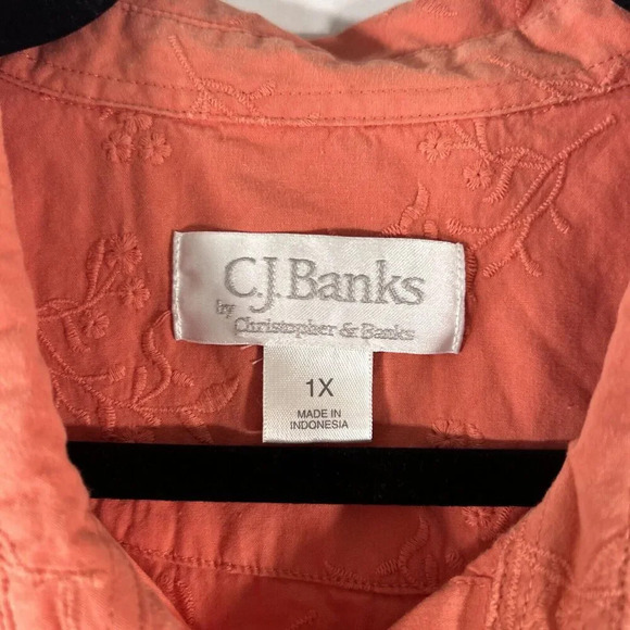 CJ Banks Blouse Women's 1X Orange Floral Button Up Short Sleeve Collared - Picture 5 of 9